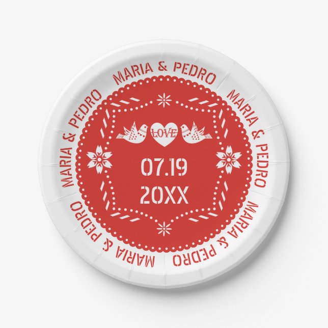 Papel picado liebt Vögel Rot mexikanische Hochzeit Pappteller (Vorderseite)