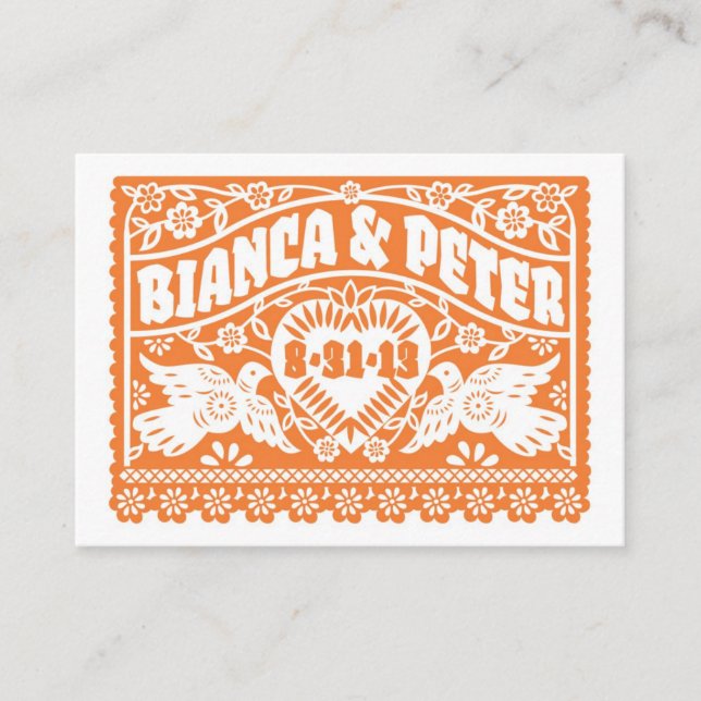 Papel Picado Lovebirds Orange Platzkarte (Vorderseite)