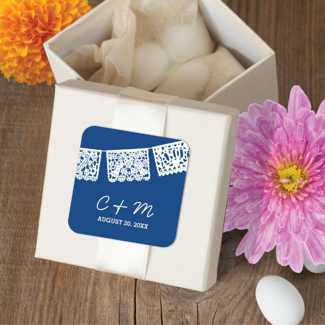 Papel Picado Navy Blue | GASTGESCHENK HOCHZEIT Quadratischer Aufkleber (Von Creator hochgeladen)