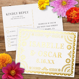 Papel Picado Neutral Foil Wedding Reply RSVP Card Folien Feiertagspostkarte