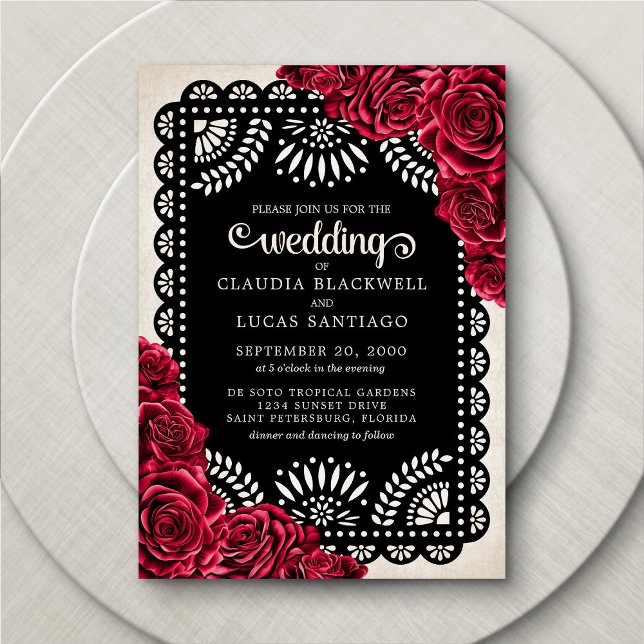 Papel Picado Rose Red Black Wedding Einladung (Von Creator hochgeladen)
