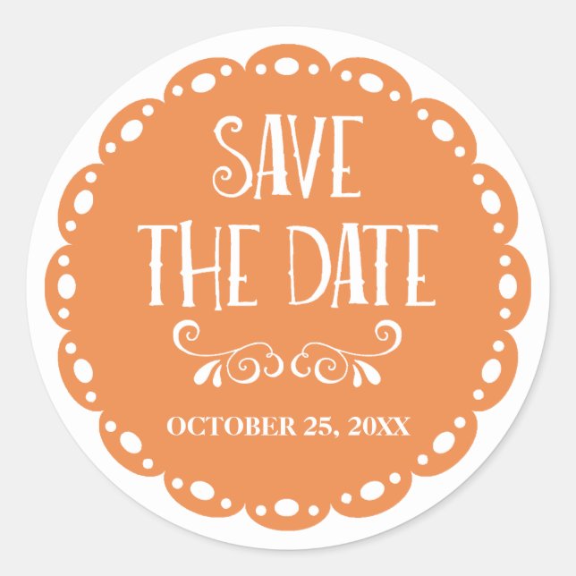 Papel Picado Save the Date Orange Fiesta Wedding Runder Aufkleber (Vorderseite)