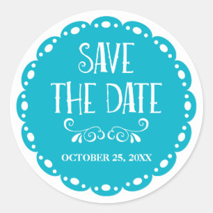 Papel Picado Save the Date Sky Blue Fiesta Wedding Runder Aufkleber