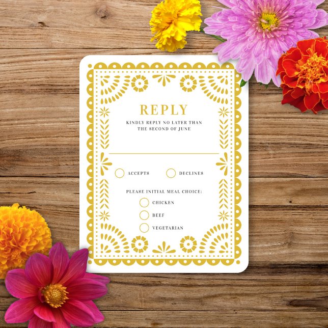 Papel Picado Warm Yellow | RSVP-Karte für Hochzeit RSVP Karte (Von Creator hochgeladen)