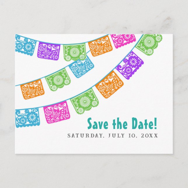 Papel Picado Wedding Save the Date Postcard Ankündigungspostkarte (Vorderseite)