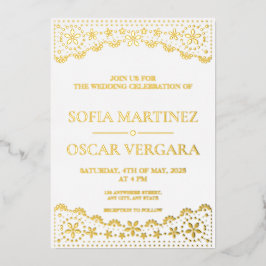Papel Picado White and Gold Wedding Folieneinladung