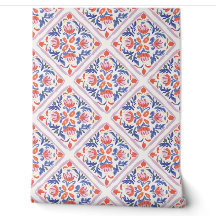 Papel pintado Folk flores rojas y azules