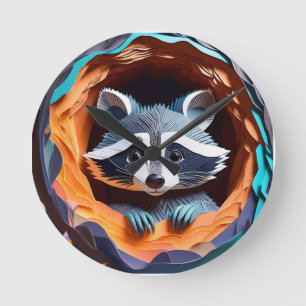Paper Art Baby Raccoon in Tree 3D Runde Wanduhr