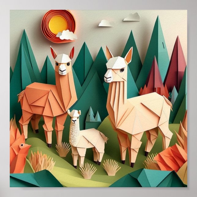 Paper Art Origami Alpacas Scene 3D Poster (Vorne)