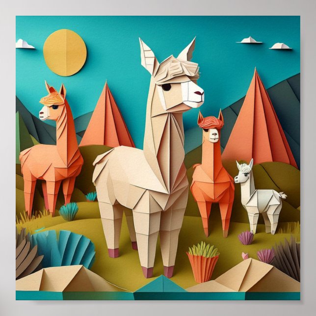 Paper Art Origami Alpacas Scene 3D Poster (Vorne)
