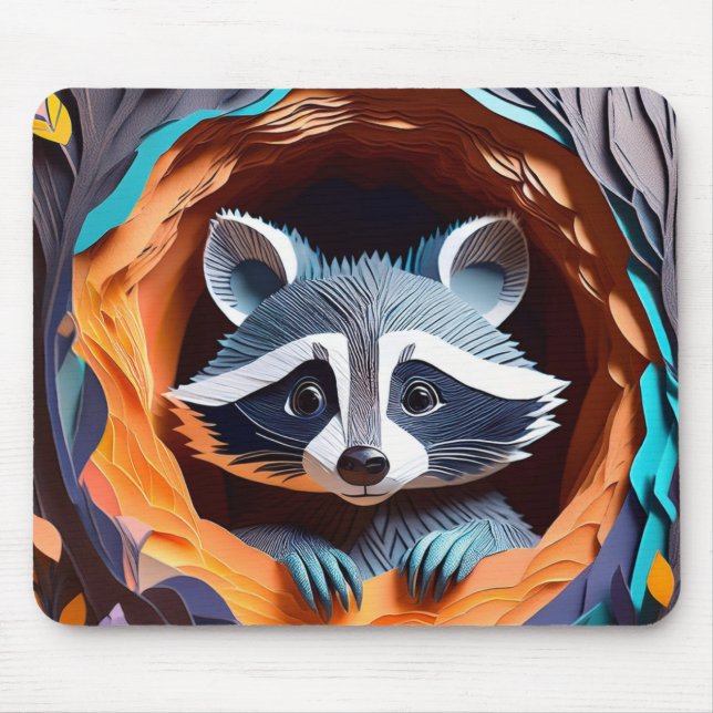 Paper Art Origami Baby Raccoon in Tree 3D Mousepad (Vorne)