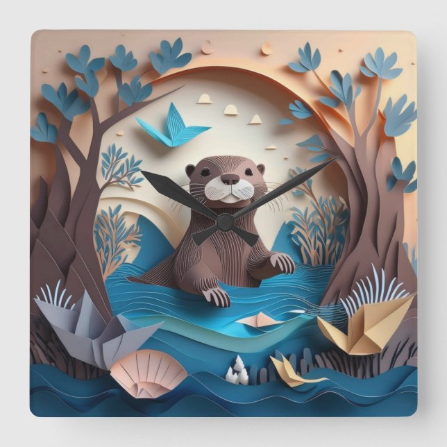 Paper Art Origami Otter in Water 3D Quadratische Wanduhr (Vorderseite)