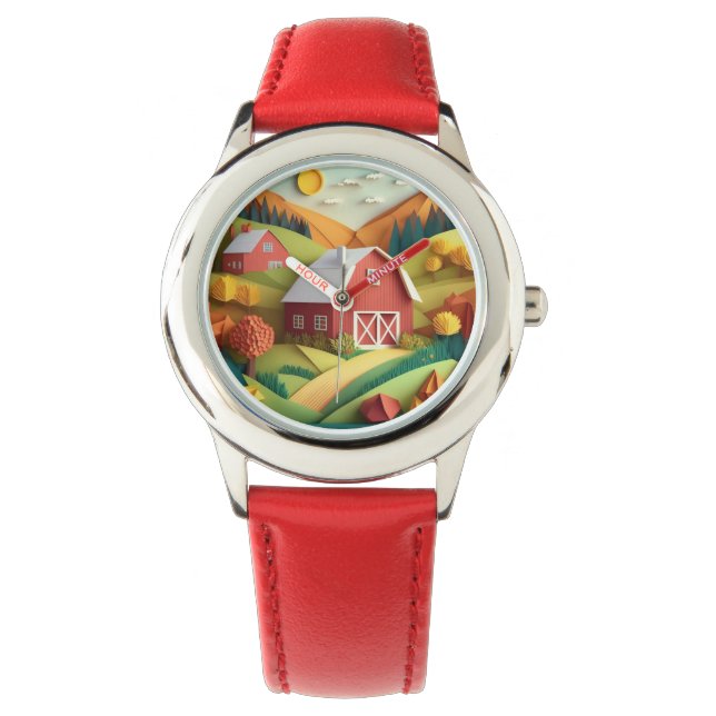 Paper Art Origami Style Bauernszene Armbanduhr (Vorderseite)