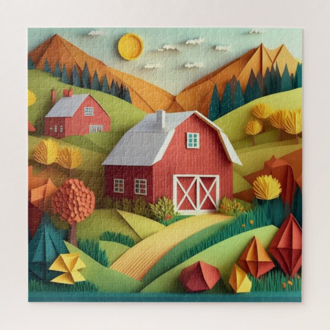 Paper Art Origami Style Bauernszene Puzzle (Vertikal)