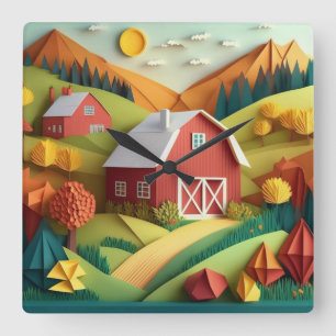 Paper Art Origami Style Bauernszene Quadratische Wanduhr