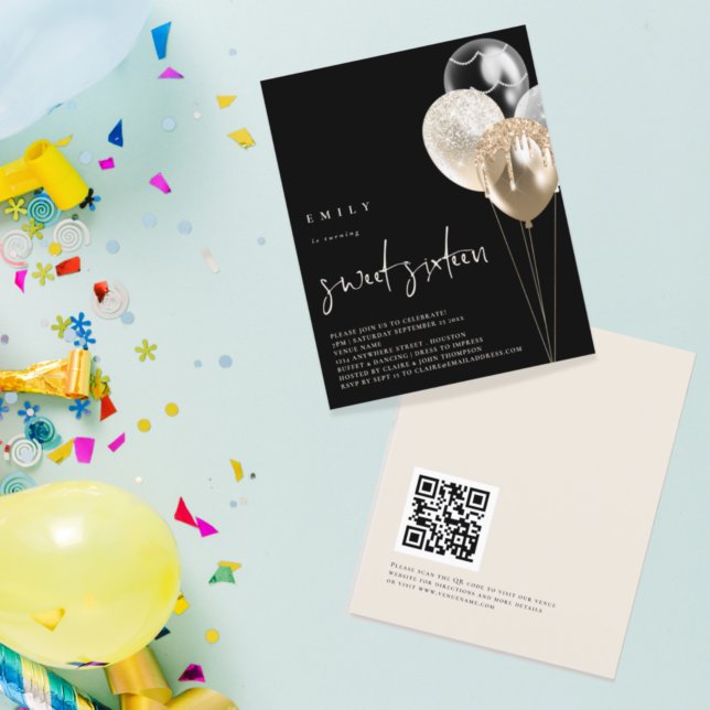 PAPER Balloons Gold Ivory QR Code Sweet 16 Black Flyer (Von Creator hochgeladen)