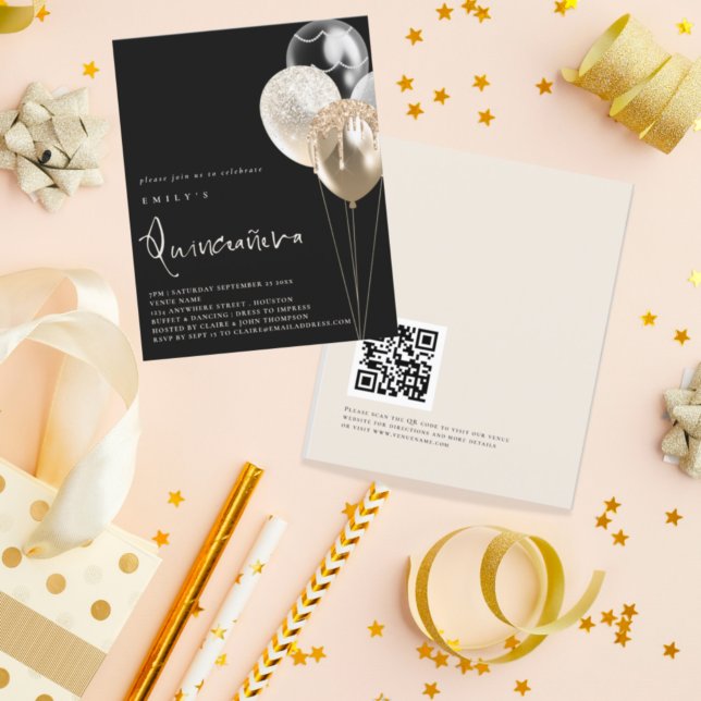 PAPER Balloons Gold QR Quinceañera Black Invite Flyer (Von Creator hochgeladen)