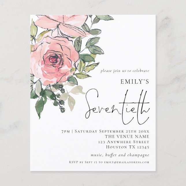 PAPER Blush Pink Florals Seventieth Party Einladun Flyer (Vorne)