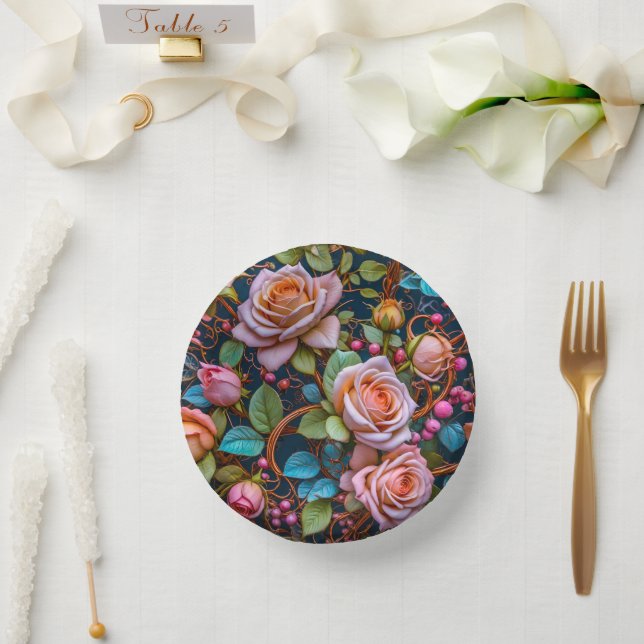 Paper Bowls- Pink Vintage Roses Pappteller (Hochzeit)