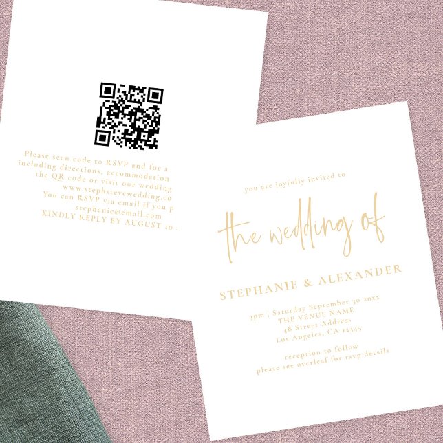 PAPER Champagne Gold Script QR Code Hochzeit Flyer (Front and Back View)