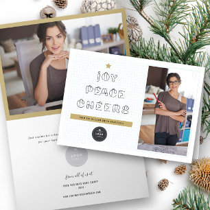 Paper Clips Joy Peace Cheers Blue Grids Corporate Feiertagskarte