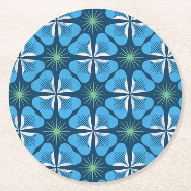 Paper Coaster in bright blue clover geometric Runder Pappuntersetzer (Vorderseite)