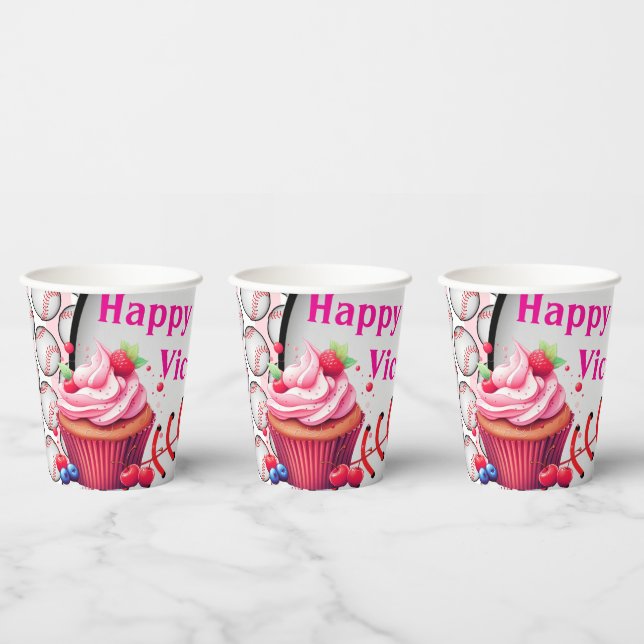 Paper Cup Pink White Stripe Birthday Baseball Pappbecher (Multi)