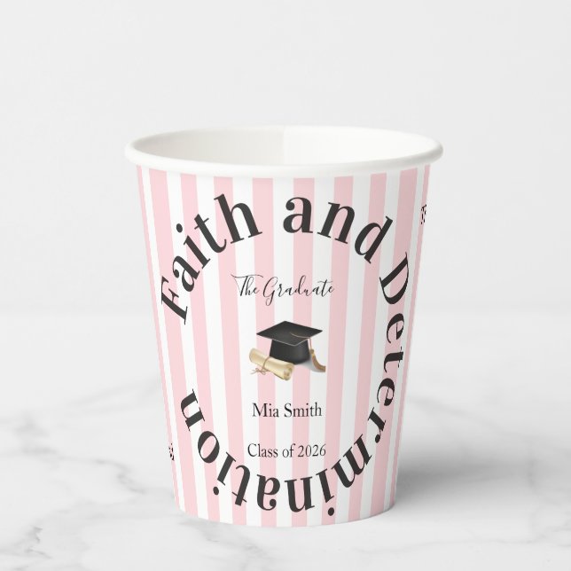 Paper Cup Pink & White Stripe Graduate 2026 Pappbecher (Links)