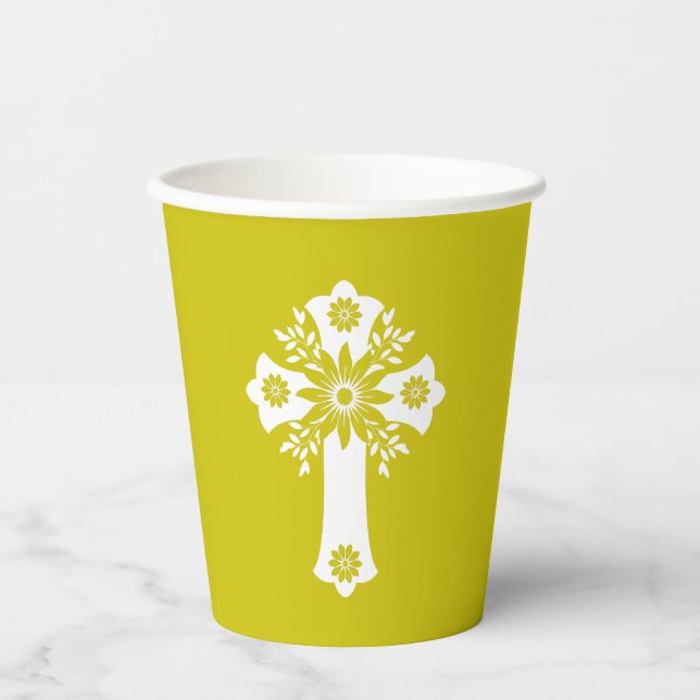 Paper Cups Floral Cross Yellow Pappbecher (Vorderseite)