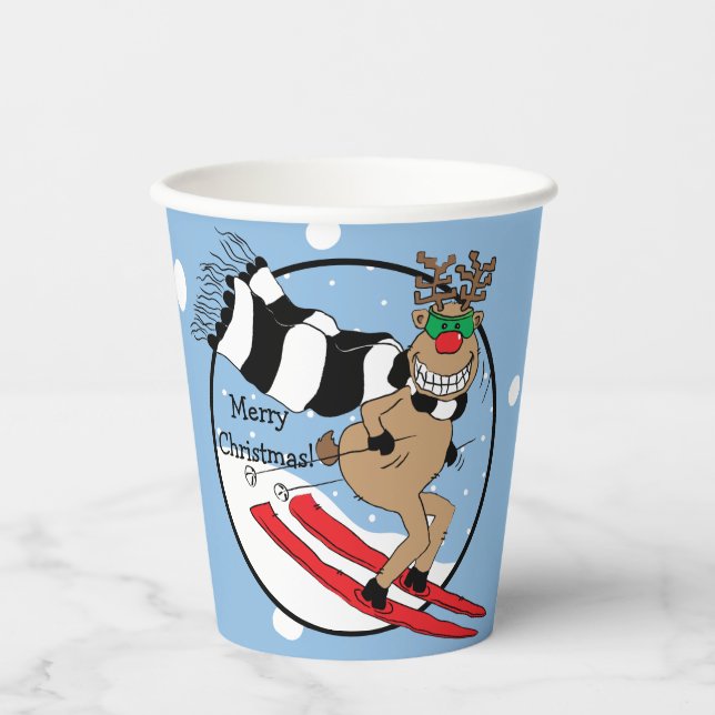 Paper Cups "Rudolph Skiing" 8 oz. Pappbecher (Vorderseite)
