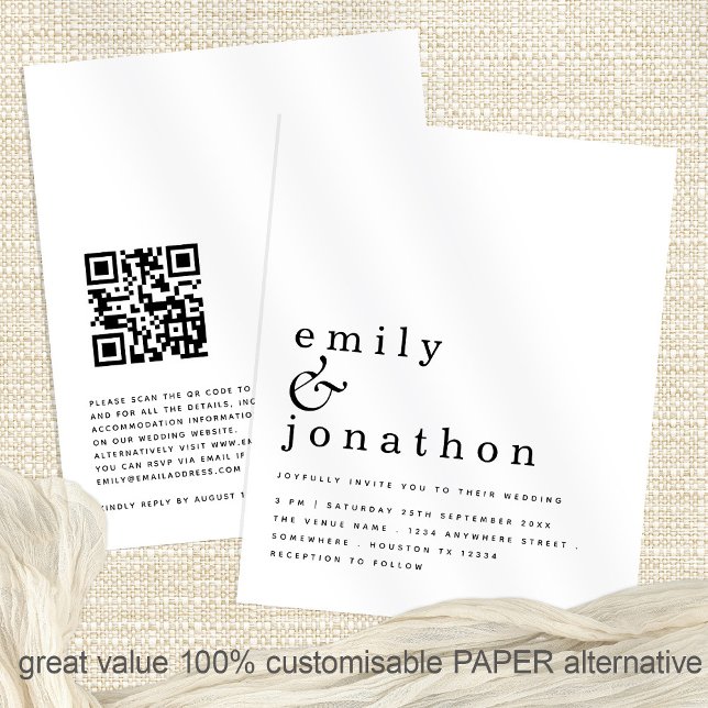 PAPER Einfaches QR Code Hochzeitsempfang Flyer (Front and back view of the great value paper invite)