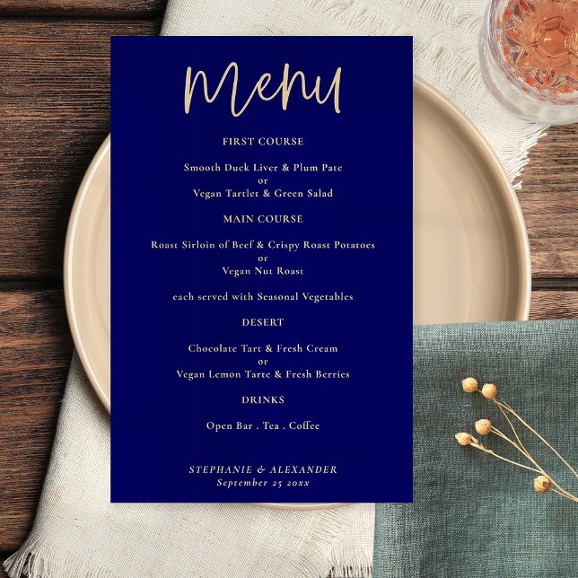 PAPER Elegant Gold Script Navy Blue Wedding Menü (Von Creator hochgeladen)