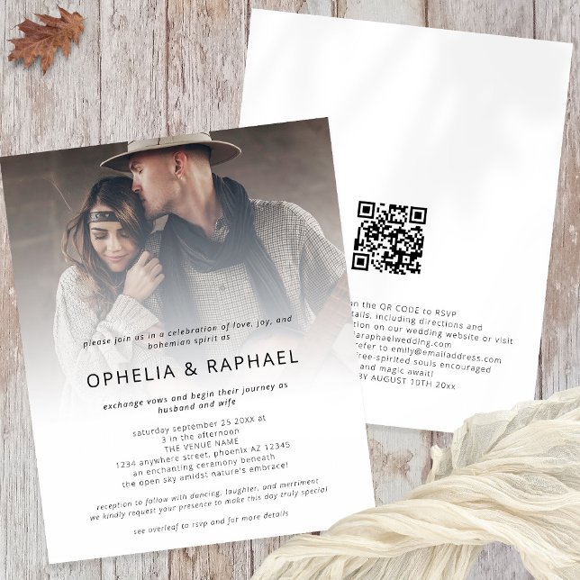 PAPER Foto Overlay QR Bohemisch Wedding Einladung Flyer (Front and back view)