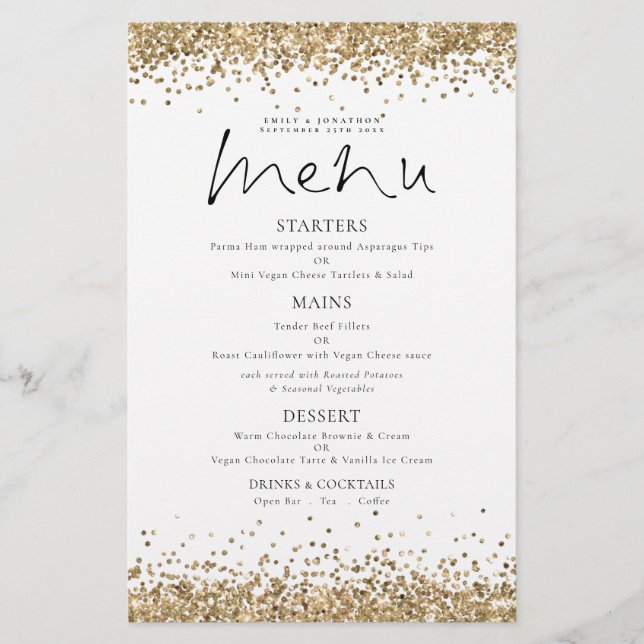PAPER Gold Glitzer Script Wedding Menu Flyer (Vorne)