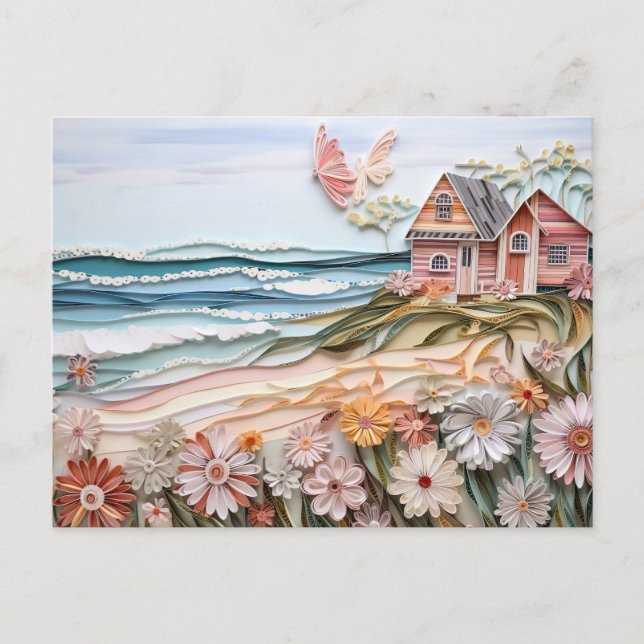 paper layer art beach house in soft colors postkarte (Vorderseite)