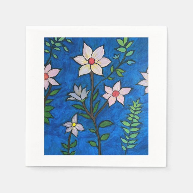 Paper Napkin Set with Flowers on a Blue Background Serviette (Vorderseite)