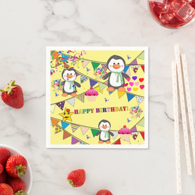 Paper Napkins, Pinguin Happy Birthday Serviette (Beispiel)