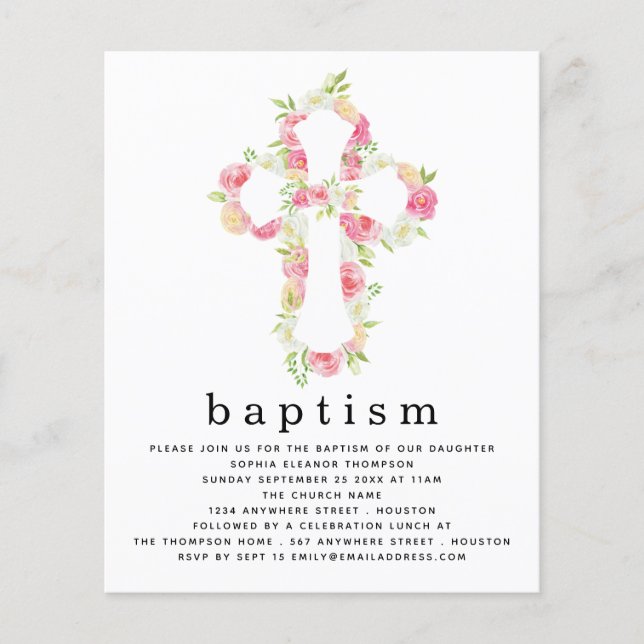 PAPER Pink Florals Cross Baptismus Einladung Flyer (Vorne)