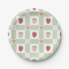 Paper Plate Cute Strawberry Gingham Pastel Green Pappteller