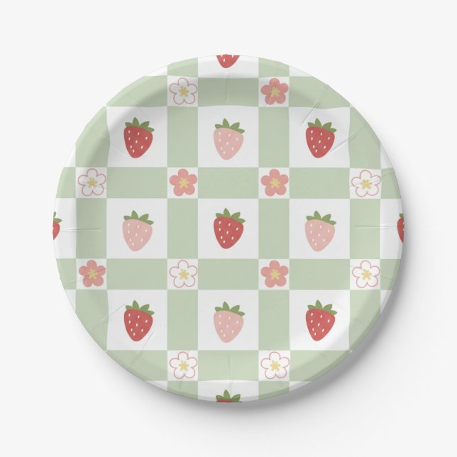 Paper Plate Cute Strawberry Gingham Pastel Green Pappteller (Vorderseite)