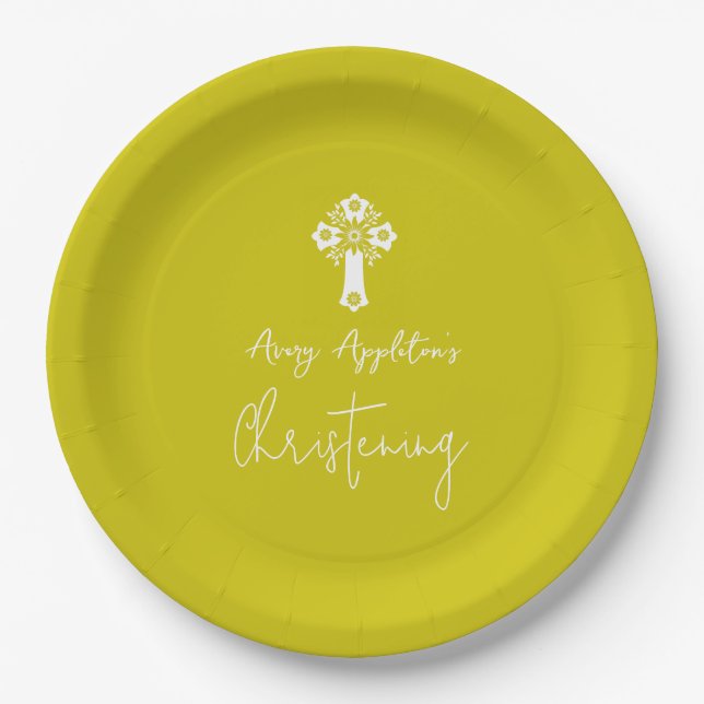 Paper Plate Floral Cross Christening Yellow Pappteller (Vorderseite)