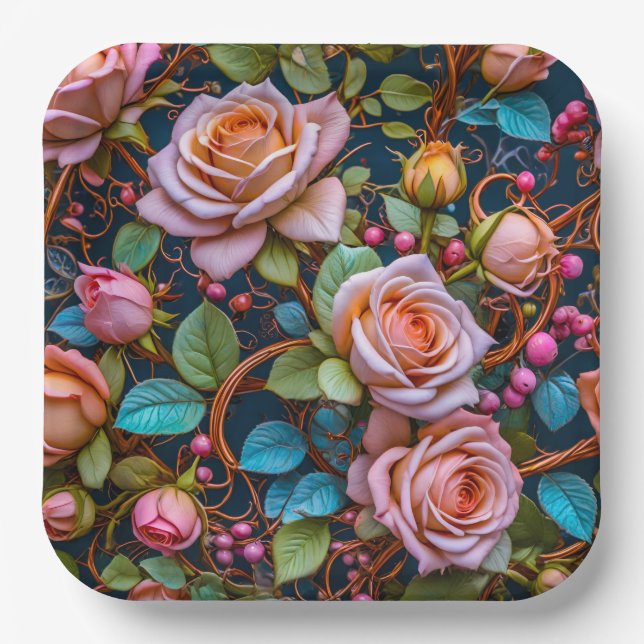 Paper Plate- Pink Vintage Roses Pappteller (Vorderseite)