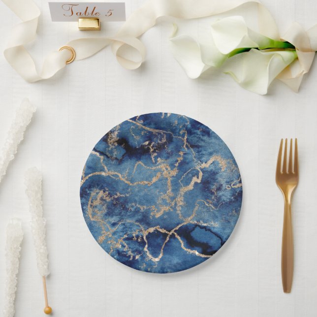 Paper Plates 17,8 cm - Blue & Gold Pattern Pappteller (Hochzeit)