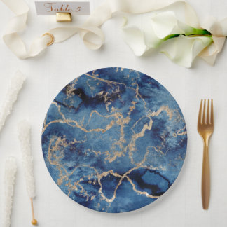 Paper Plates 22,9 cm - Blue & Gold Pattern Pappteller