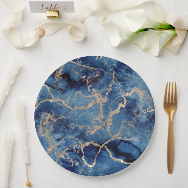 Paper Plates 22,9 cm - Blue & Gold Pattern Pappteller (Hochzeit)
