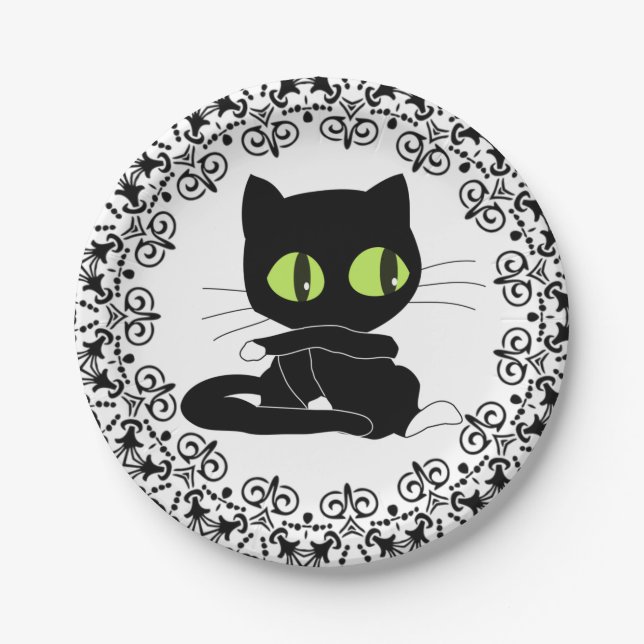 Paper Plates, Black Floral Black Cat Pappteller (Vorderseite)