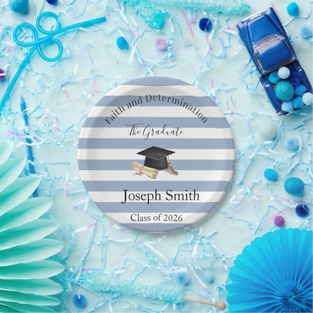 Paper Plates, Blue & White Stripe Graduate 2026 Pappteller (Party)