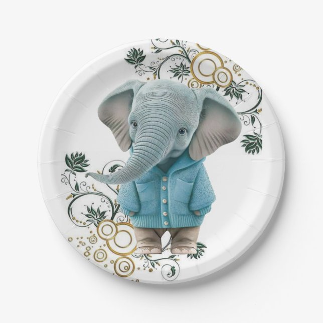 Paper Plates, Floral Blue Elephant  Pappteller (Vorderseite)