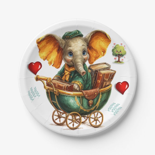 Paper Plates, Gold Elephant Red Hearts Love Tree Pappteller (Vorderseite)