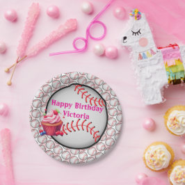 Paper Plates, Pink  White Stripe Birthday Baseball Pappteller